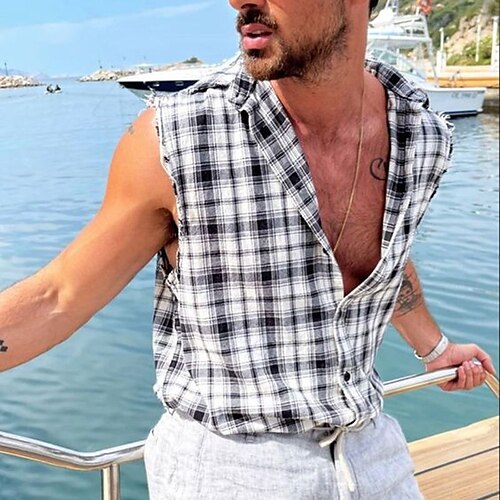 

Herren Hemd Knopfhemd Lässiges Hemd Sommerhemd Strandhemd Schwarz Ärmellos Plaid Kargen Täglich Urlaub Bekleidung Modisch Brautkleider schlicht Komfortabel