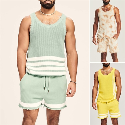 

Men's Tank Top Tank Vest T-shirt Suits Tracksuit Tie Dye Plain Striped Crewneck Daily Wear Vacation Sleeveless 2 Piece Knitted Clothing Apparel Fashion Sport Casual Muscle