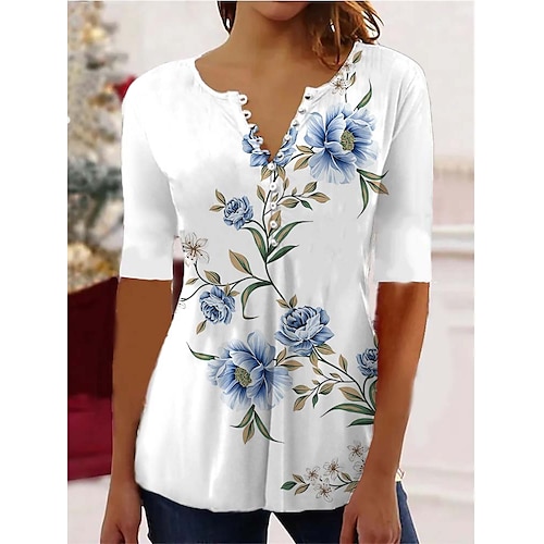 

Mulheres Camisa Social Blusa Rosa Azul Azul Claro Floral Botão Imprimir Manga Curta Casual Feriado Básico Decote Redondo Padrão Tema Flores S