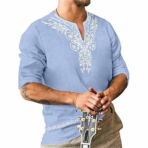 

Herren Hemd leinenhemd Blumen Grafik-Drucke V Ausschnitt Schwarz Weiß Blau Khaki Grau Outdoor Strasse Langarm Bedruckt Bekleidung Leinen Modisch Designer Brautkleider schlicht Weich