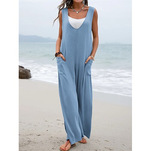 

Women's Jumpsuit Pocket Solid Color V Neck Basic Street Daily Regular Fit Sleeveless Black Blue Khaki S M L Summer