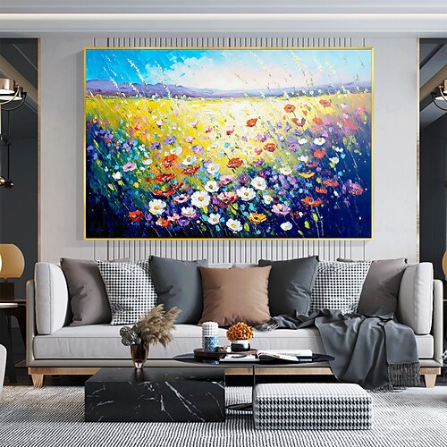 

Pintura a óleo artesanal em tela decoração de arte de parede original flores coloridas pintura de cenário abstrato para decoração de casa com moldura esticada/sem pintura de moldura interna