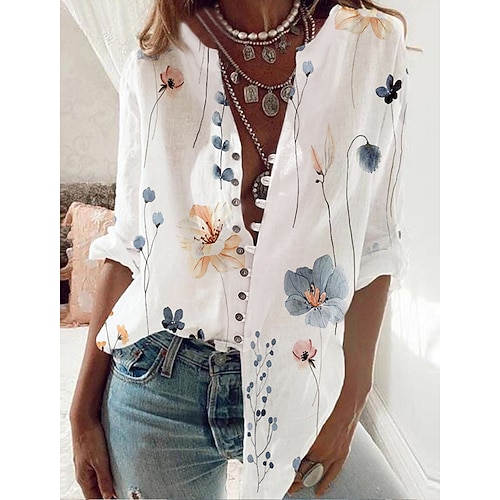 

Women's Shirt Blouse White Yellow Pink Floral Button Print Long Sleeve Casual Holiday Basic Standing Collar Long Floral S