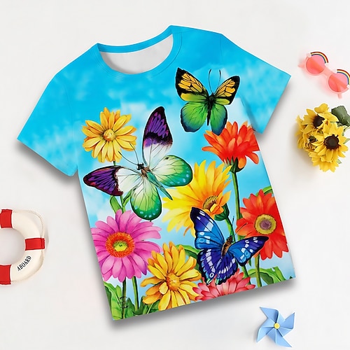 

Girls' T shirt Short Sleeve T shirt Tee Graphic Floral Butterfly 3D Print Active Fashion Cute Polyester Outdoor Casual Daily Kids Crewneck 3-12 Years 3D Printed Graphic Regular Fit Shirt