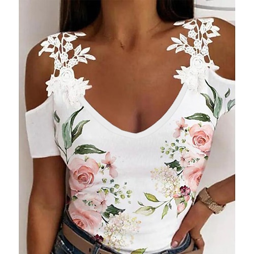 

T shirt Tee Femme Blanche Floral Dentelle Découpé Manche Courte Casual Vacances basique Col V Normal Standard Fleur S