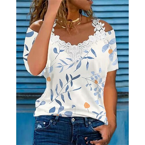 

Mujer Camiseta Blanco Azul Piscina Azul claro Floral Mariposa Encaje Cortado Manga Corta Festivos Fin de semana Básico Escote en Pico Regular Flor Mariposa Pintura S