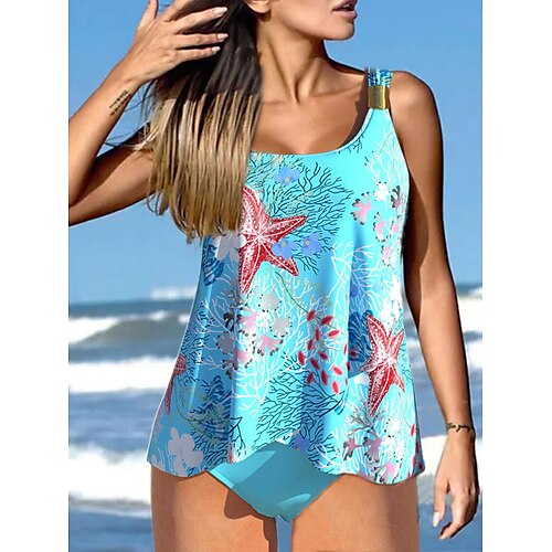 Women's Swimwear Tankini 2 Piece Normal Swimsuit 2 Piece Printing Graphic Blue Bathing Suits Sports Beach Wear Summer, lightinthebox  - buy with discount