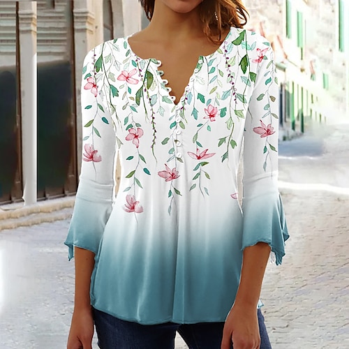 

Mulheres Camisa Social Blusa Rosa Azul Roxo Floral Botão Imprimir Manga 3/4 Feriado Básico Decote Redondo Padrão Tema Flores S