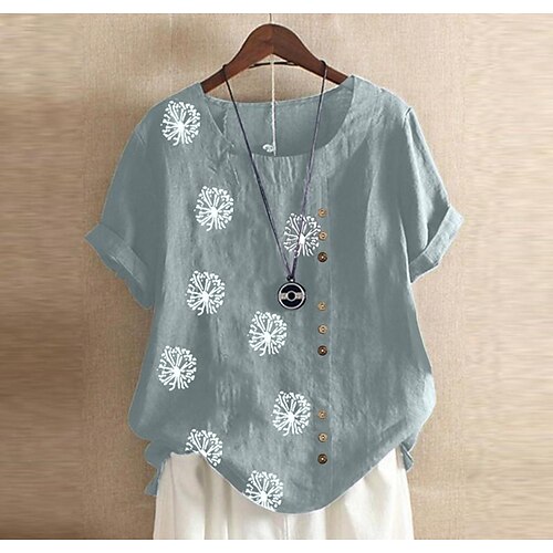 

Mulheres Camisa Social Blusa Azul Marinha Verde Cinzento Claro Geométrica dandelion Botão Imprimir Manga Curta Casual Feriado Básico Decote Redondo Padrão Tema Flores S