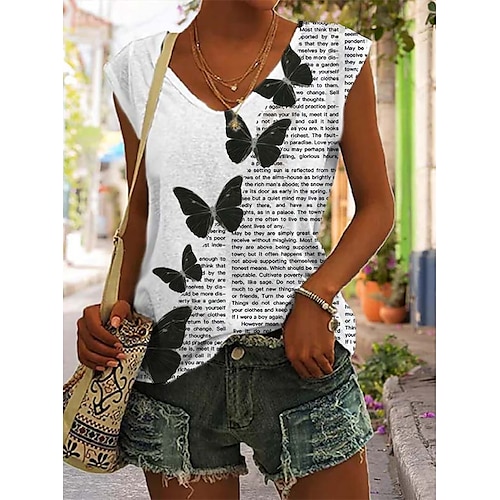 

Women's Tank Top Black White Butterfly Feather Print Sleeveless Casual Basic V Neck Regular Butterfly S