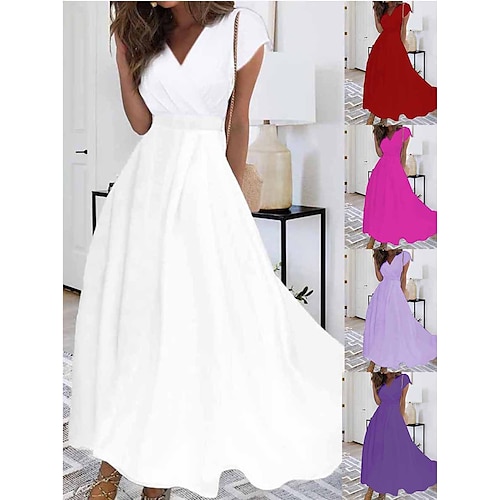 

Damen kleid lang Casual kleid Chiffon-Kleid Schaukelkleid Einfarbig Brautkleider schlicht Reifen Outdoor Täglich Verabredung Rüschen Kurzarm V Ausschnitt Kleid Regular Fit Weiß Rosa Rote Sommer