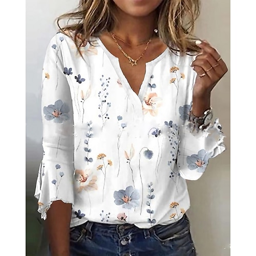 

Mulheres Camisa Social Blusa Branco Azul Cáqui Floral Imprimir Manga 3/4 Casual Feriado Básico Decote V Padrão Tema Flores S