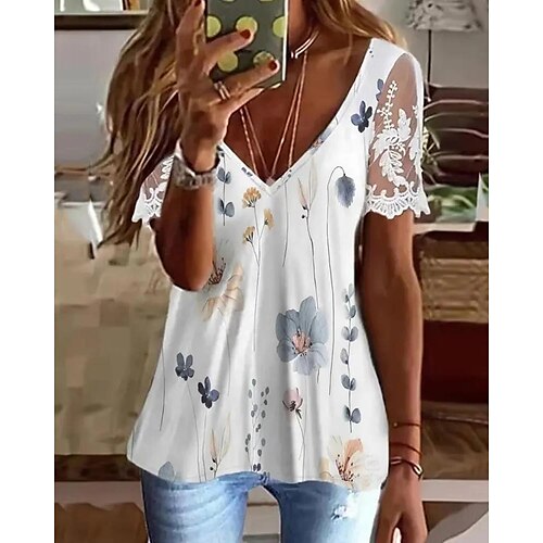 

Women's T shirt Tee Light Blue Black White Floral Lace Print Short Sleeve Holiday Weekend Basic V Neck Regular Floral Painting S