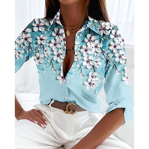 

Mulheres Camisa Social Blusa Amarelo Rosa Azul Floral Botão Imprimir Manga Longa Casual Feriado Básico Colarinho de Camisa Padrão Tema Flores S