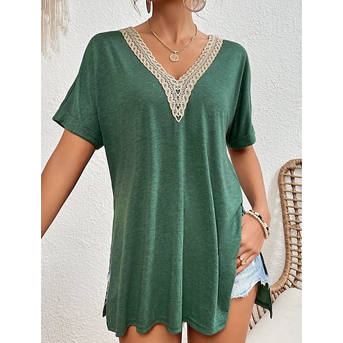 

Mujer Camiseta Negro Rosa Púrpula Claro Plano Manga Corta Casual Básico Escote en Pico Regular S