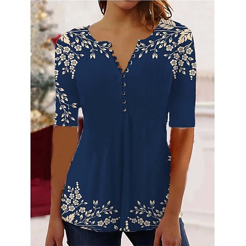 

Damen Hemd Bluse Schwarz Weiß Blau Blumen Taste Bedruckt Kurzarm Casual Basic Rundhalsausschnitt Standard Blume S