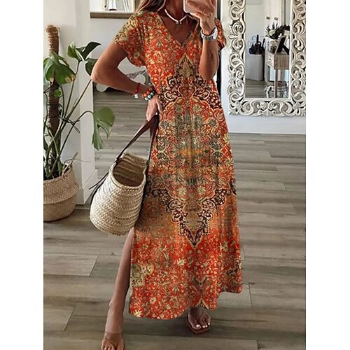 

Women's Long Dress Maxi Dress Casual Dress Swing Dress Boho Dress Floral Tribal Modern Casual Daily Holiday Vacation Print Short Sleeve V Neck Dress Regular Fit Pink Red Orange Summer Spring S M L XL