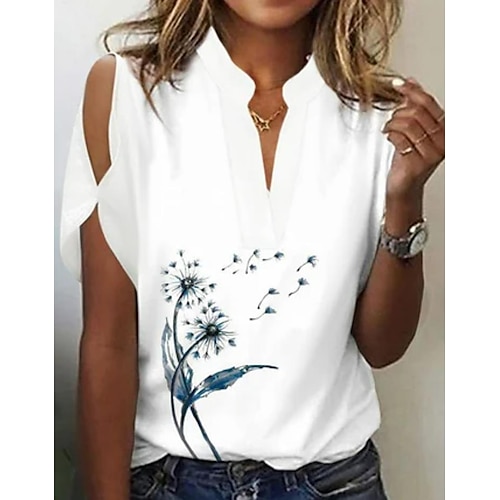 

Women's T shirt Tee White Dandelion Cut Out Print Short Sleeve Casual Holiday Basic Standing Collar Regular Floral S