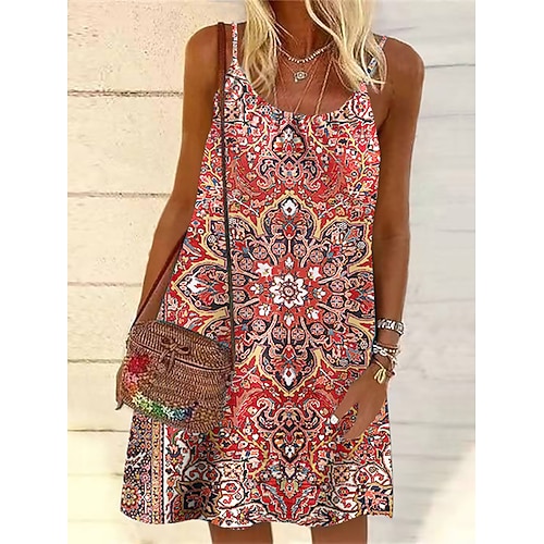 

Tenue décontractée Robe d'été Robe à enfiler Femme Tribal Cordon Imprimer A Bretelles Mode Vacances Plage Sans Manches Ample Rose Claire Rouge Bleu Eté Printemps S M L XL XXL