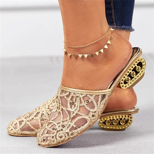 

Mujer Pantuflas Tallas Grandes Zapatillas al aire libre Exterior Playa Verano Tacón escultural Dedo redondo Elegante Sensual Malla Mocasín Color sólido Negro Dorado
