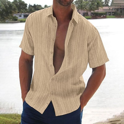 

Men's Shirt Button Up Shirt Casual Shirt Summer Shirt Beach Shirt Black White Navy Blue Blue khaki Short Sleeve Stripes Lapel Daily Vacation Clothing Apparel Fashion Casual Comfortable