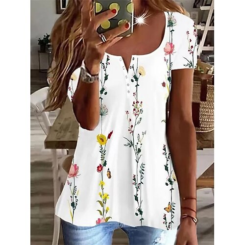 

T shirt Tee Femme Blanche Floral Bouton Imprimer Manche Courte Vacances Fin de semaine basique Col Rond Normal Standard Fleur Peinture S