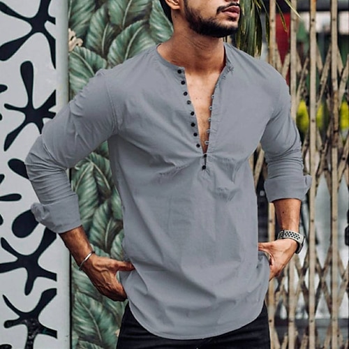 

Homens Camisa Social camisa de linho camisa de verão camisa de praia Camisa Henley Cinzento Manga Longa Tecido Henley Primavera Verão Casual Diário Roupa