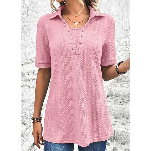 

Mulheres Camisa Social Blusa Rosa Verde Tecido Manga Curta Casual Básico Colarinho de Camisa Padrão S