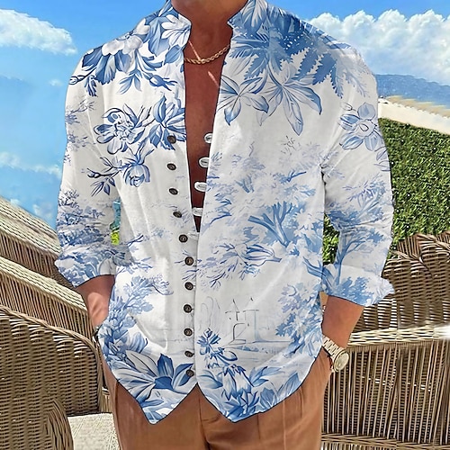 

Hombre Camisa camisa de lino Floral Estampados Escote Chino Rojo Azul Piscina Morado Verde Trébol Exterior Calle Manga Larga Estampado Ropa Moda Design Casual Cómodo