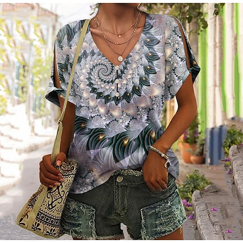 

Women's T shirt Tee Blue Purple Green Graphic Button Cut Out Short Sleeve Daily Weekend Basic V Neck Regular Painting S