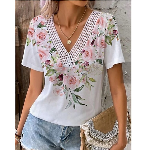 

Mujer Camiseta Blanco Floral Ajuste de encaje Estampado Manga Corta Festivos Fin de semana Básico Escote en Pico Regular Flor Pintura S