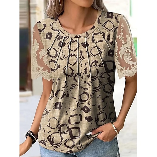 

Mulheres Camiseta Marron Gráfico Com Transparência Patchwork Manga Curta Casual Básico Decote Redondo Padrão S