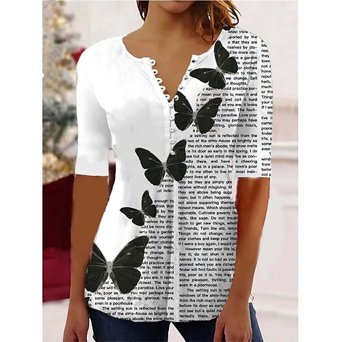 

Chemise Chemisier Femme Noir Blanche Bleu Floral Papillon Bouton Imprimer Manche Courte Casual Vacances basique Col Rond Normal Standard Fleur Papillon S