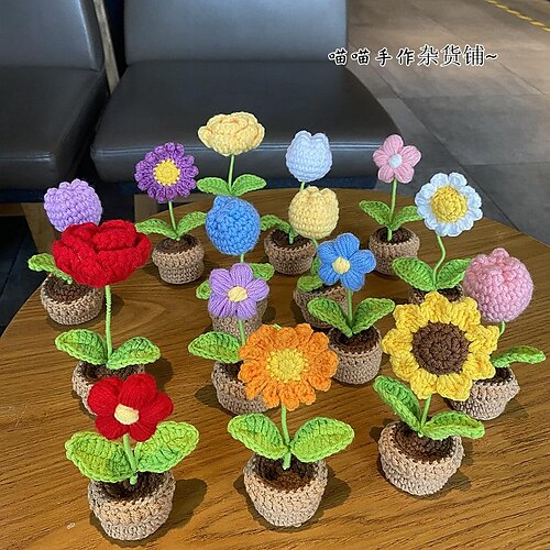 

Diy Hand-Woven Mini Small Potted Flower Wool Crochet Material Package Finished Office Decoration Car Interior Accessories