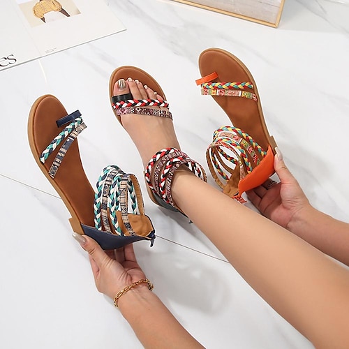 

Women's Sandals Boho Bohemia Beach Flat Sandals Plus Size Outdoor Beach Low Heel Elegant Casual Bohemia PU Zipper Light Blue Black Orange