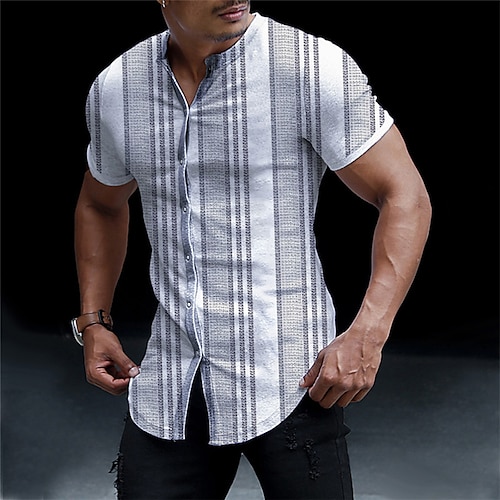 

Men's Shirt Striped Graphic Prints Stand Collar Blue Gray Outdoor Street Short Sleeve Print Clothing Apparel Fashion Designer Casual Comfortable