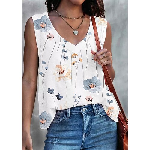 

Women's Tank Top White Pink Blue Floral Print Sleeveless Casual Holiday Basic V Neck Regular Floral S