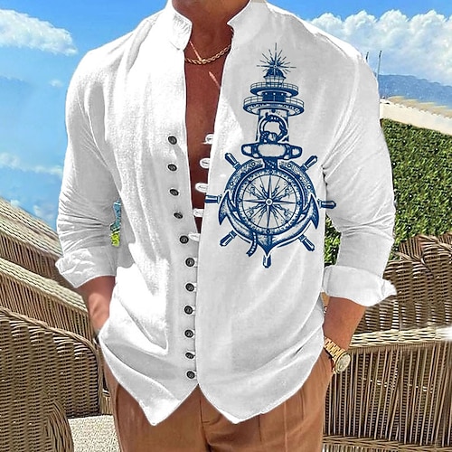 

Homens Camisa Social camisa de linho Estampas Abstratas Vintage Bussola Colarinho Chinês Amarelo Azul Cáqui Ao ar livre Rua Manga Longa Imprimir Roupa Linho Moda Roupa de rua Designer Casual