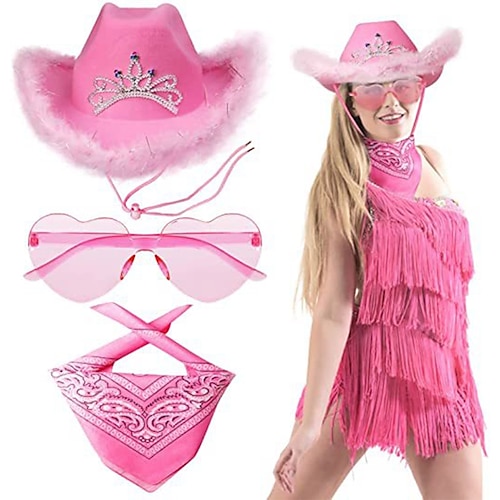 

3pcs Cowboy Hat Feather Trim Heart Shaped Sunglasses Bandana Scarf Crown Tiara Cowgirl Hat Western Party Hat Barbiecore for Womens Girls