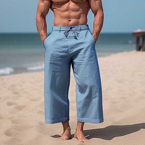 Men's Linen Pants Trousers Summer Pants Beach Pants Wide Leg Front