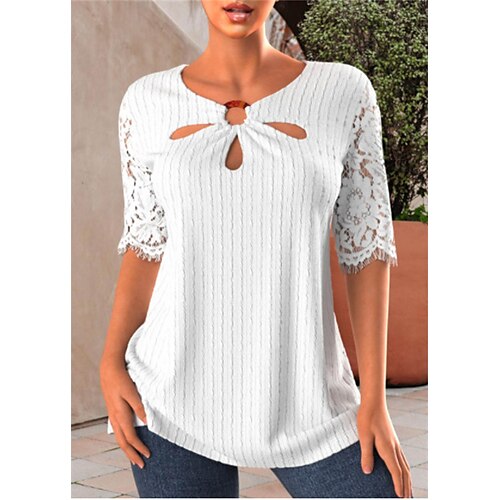 

Mujer Camisa Blusa Blanco Rosa Gris Plano Encaje Cortado Manga Corta Casual Básico Escote Redondo Regular S