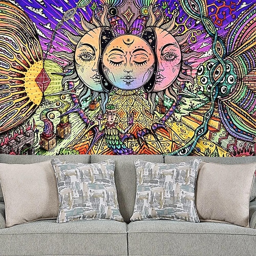 

sol e lua pendurado tapeçaria arte da parede psicodélico hippie boêmio grande tapeçaria mural decoração fotografia pano de fundo cobertor cortina casa quarto sala de estar decoração