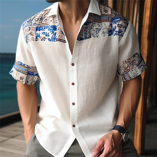 

Homme Chemise Chemise Lin Floral Tribal Imprimés Photos Col rabattu Abricot Bleu Kaki Extérieur Plein Air Manches courtes Imprimer Vêtement Tenue Lin Mode Design Décontractées Flexible