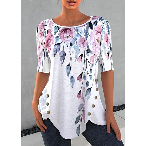 

Mujer Camiseta Blanco Azul Marino Morado Floral Estampado Manga Corta Festivos Fin de semana Túnicas Básico Escote Redondo Regular Algodón Flor Pintura S