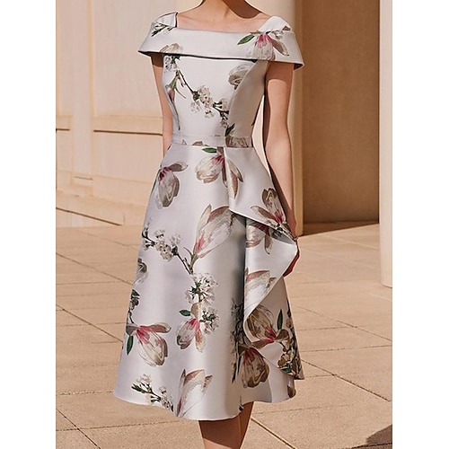 

Women's Party Dress Cocktail Dress Wedding Guest Dress Midi Dress Gray Short Sleeve Floral Ruffle Summer Spring Fall Square Neck Party Wedding Guest Vacation Summer Dress S M L XL 2XL 3XL