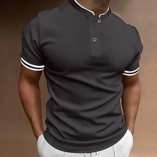 Herren Poloshirt Kragenlose Golfshirts Casual Festtage Ständer Kurzarm Modisch Basic Glatt Taste Sommer Regular Fit Schwarz Weiß Burgunderrot Poloshirt