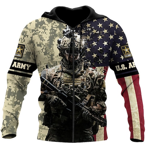 

Men's Full Zip Hoodie Jacket Khaki Hooded Graphic Prints National Flag Zipper Print Sports Outdoor Daily Sports 3D Print Streetwear Designer Casual Spring Fall Clothing Apparel Soldiers Hoodies