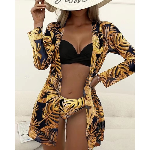 

Mulheres Roupa de Banho Biquíni Cobertura Normal roupa de banho 3 Peças Estampado Floral Preto Branco Amarelo Rosa claro Verde Fatos de banho Esportivo Roupa de Praia Verão