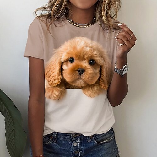 

T shirt Tee Femme Kaki Chien 3D Imprimer Manche Courte du quotidien Fin de semaine basique Col Rond Normal Standard Peinture S