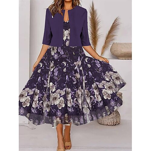 

Damen Zweiteiliges Kleid-Set Casual kleid Chiffon-Kleid Outdoor Täglich Modisch Modern Bedruckt Midikleid V Ausschnitt Halbe Ärmel Blumen Regular Fit Purpur Sommer Frühling S M L XL XXL